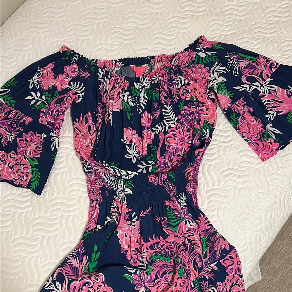 Lilly Pulitzer Ravyn Midi Dress, Oyster Bay Navy Ruffle Your Feathers, Size L